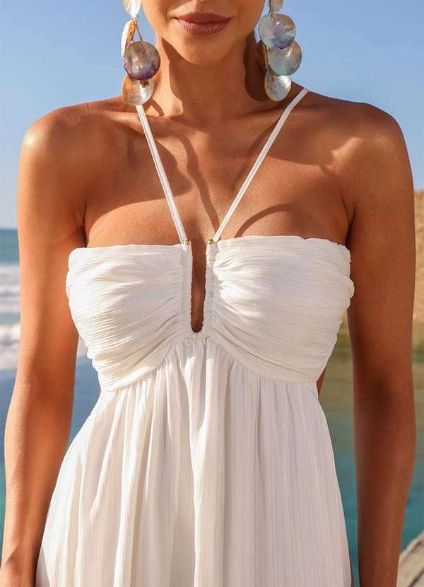 Dot Clothing - Vestido Dot Clothing Longo Jaque Plissado Branco