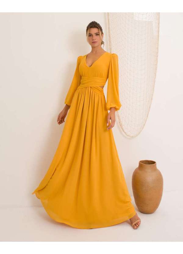 Dot Clothing - Vestido Dot Clothing Longo Manga Longa Amarelo Amarelo