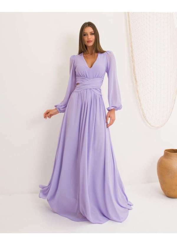 Dot Clothing - Vestido Dot Clothing Longo Manga Longa Lilas Rosa