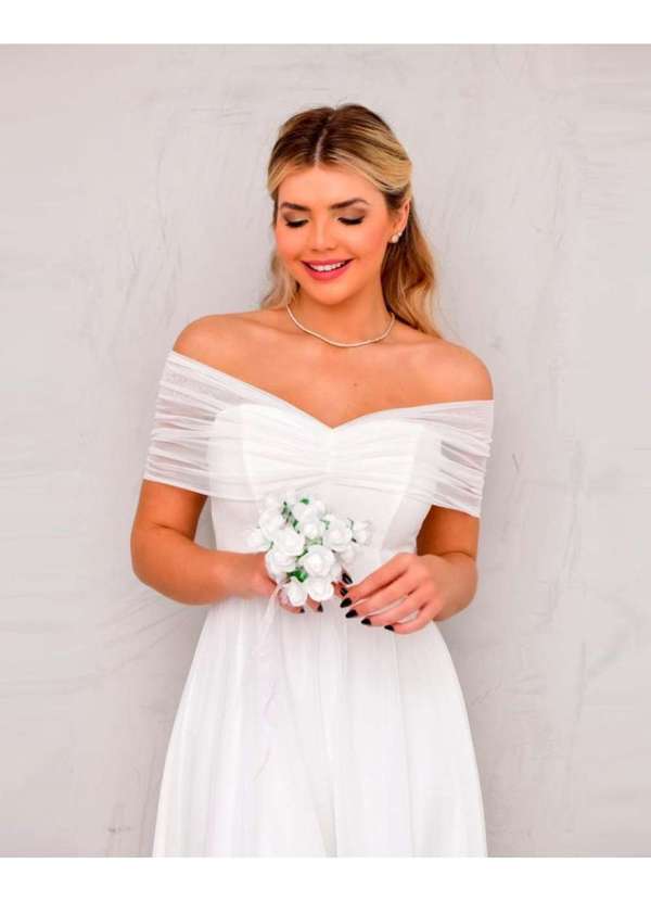 Dot Clothing - Vestido Dot Clothing Longo Ombro a Ombro Tule Branco Branco 3