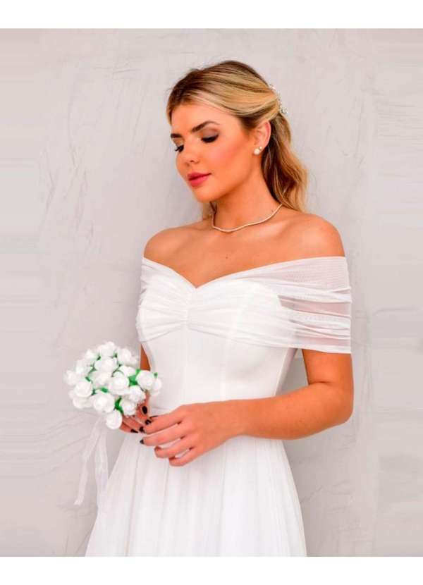 Dot Clothing - Vestido Dot Clothing Longo Ombro a Ombro Tule Branco Branco 4