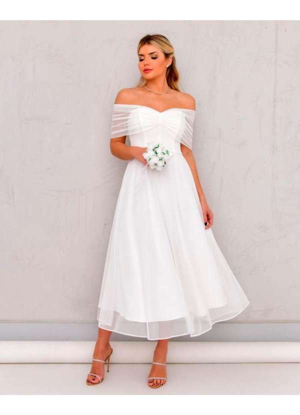 Dot Clothing - Vestido Dot Clothing Longo Ombro a Ombro Tule Branco Branco 5