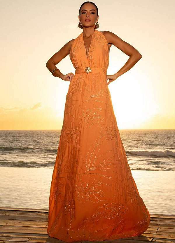 Dot Clothing - Vestido Dot Clothing Longo Patricia Bordado Laranja 1