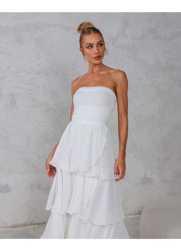 Dot Clothing - Vestido Dot Clothing Longo Plissado Offwhite Branco 3