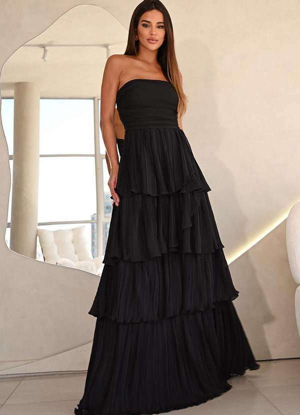 Dot Clothing - Vestido Dot Clothing Longo Plissado Preto Preto