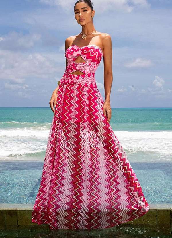 Dot Clothing - Vestido Dot Clothing Longo Renda Estampado Rosa