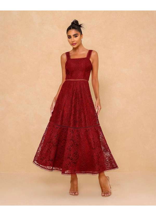 Vestido Dot Clothing Longo Renda Guipir Bordo Vermelho Dress Us