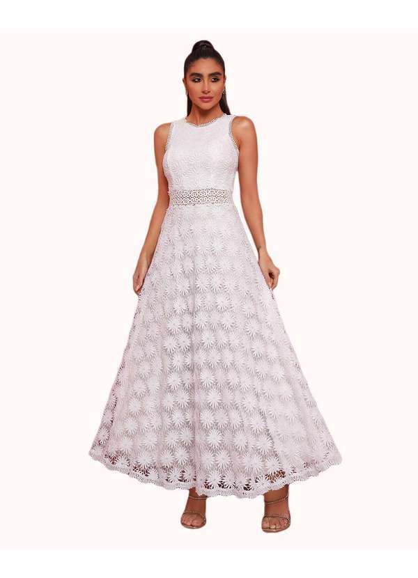 Dot Clothing - Vestido Dot Clothing Longo Renda Guipir Branco Branco