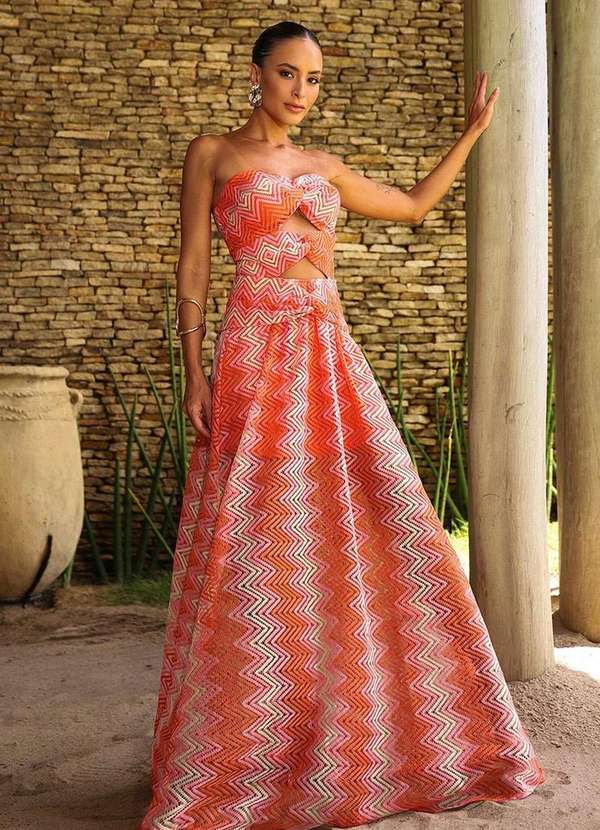 Dot Clothing - Vestido Dot Clothing Longo Rita Renda Estampado Laranja