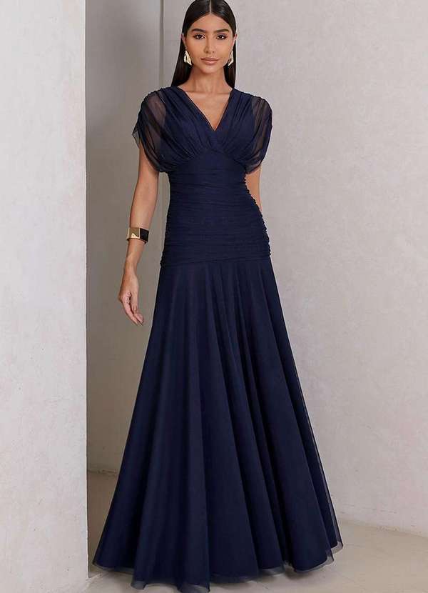 Dot Clothing - Vestido Dot Clothing Longo Tule nos Ombros Azul