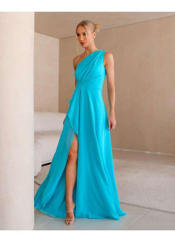 Dot Clothing - Vestido Dot Clothing Longo um Ombro Azul Azul