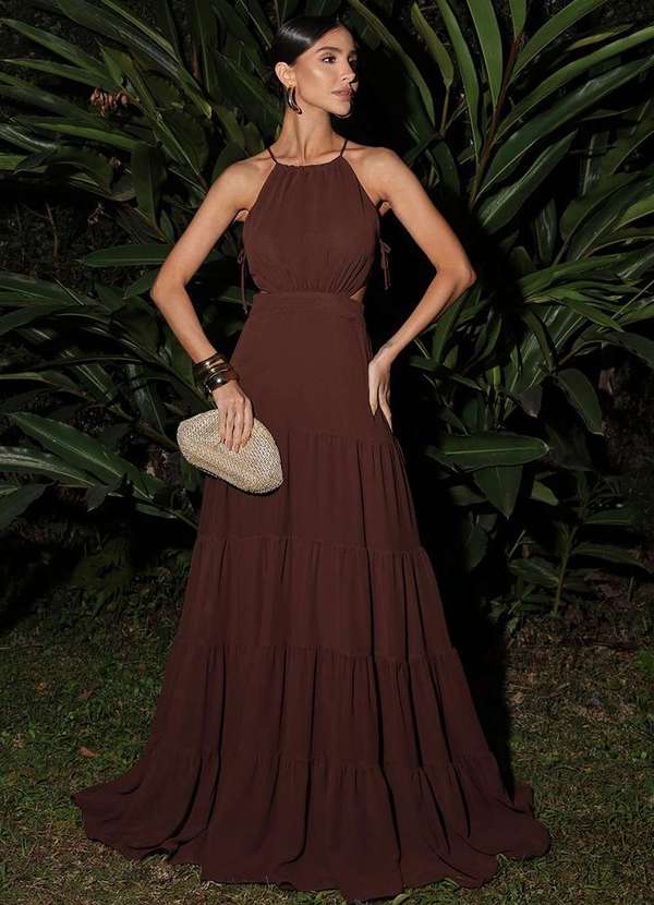 Dot Clothing - Vestido Dot Clothing Luna Longo Marrom