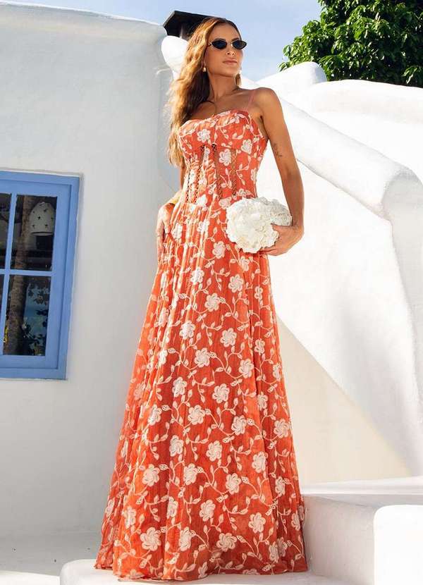 Dot Clothing - Vestido Dot Clothing Marilis Longo Bordado Laranja