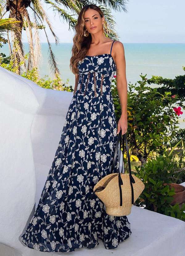 Dot Clothing - Vestido Dot Clothing Marilis Longo Bordado Azul