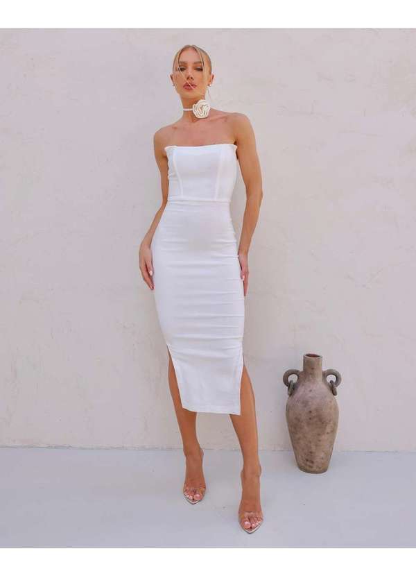 Dot Clothing - Vestido Dot Clothing Midi Abertura Lateral Offwhite Branco