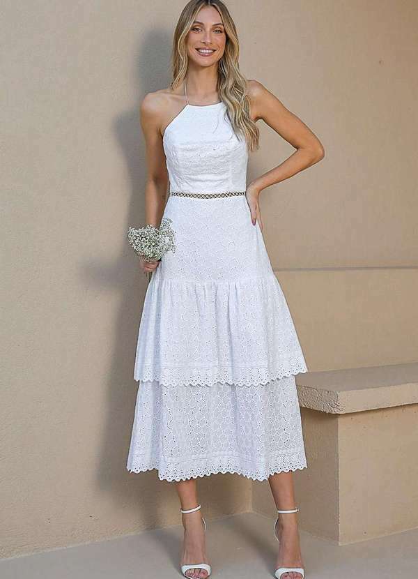 Dot Clothing - Vestido Dot Clothing Midi Laise 2 Camadas Offwhite Branco