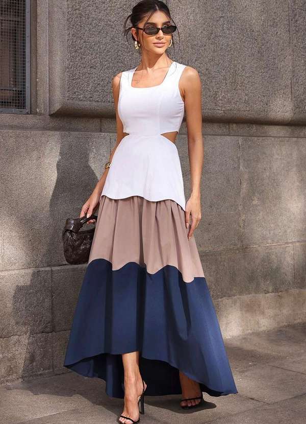 Dot Clothing - Vestido Dot Clothing Midi Mulet Tricolor Azul