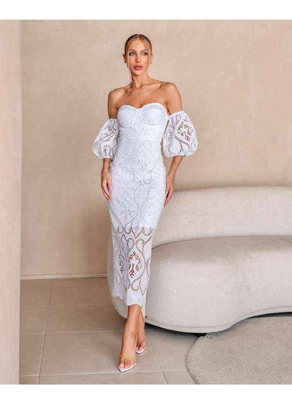 Dot Clothing - Vestido Dot Clothing Midi Renda Offwhite Branco