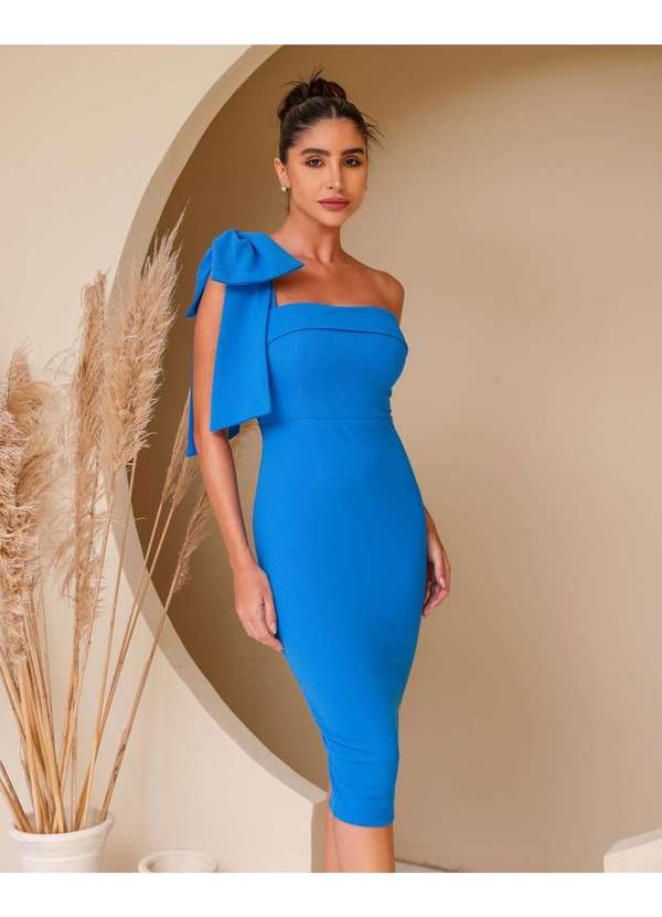 Dot Clothing - Vestido Dot Clothing Midi um Ombro com Laco Azul Azul