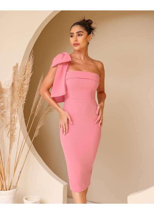 Dot Clothing - Vestido Dot Clothing Midi um Ombro com Laco Rosa Rosa 3