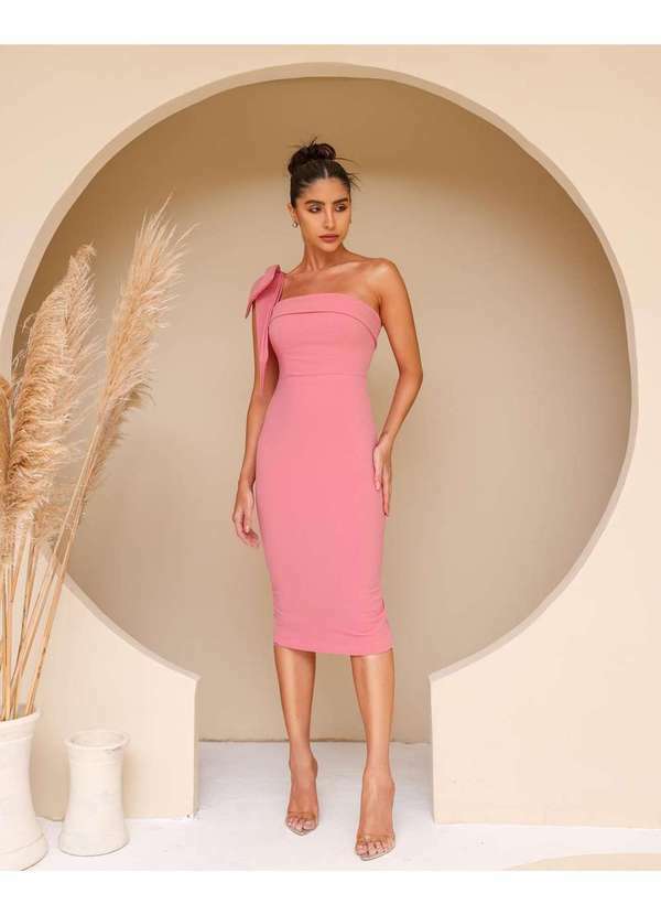 Dot Clothing - Vestido Dot Clothing Midi um Ombro com Laco Rosa Rosa 5