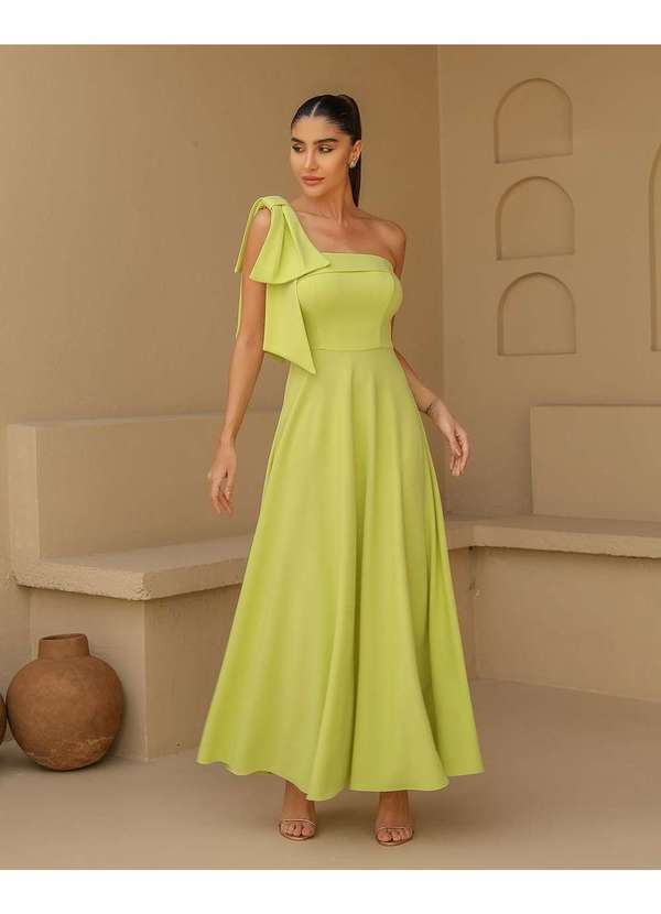 Dot Clothing - Vestido Dot Clothing Midi um Ombro So Verde Lima Verde
