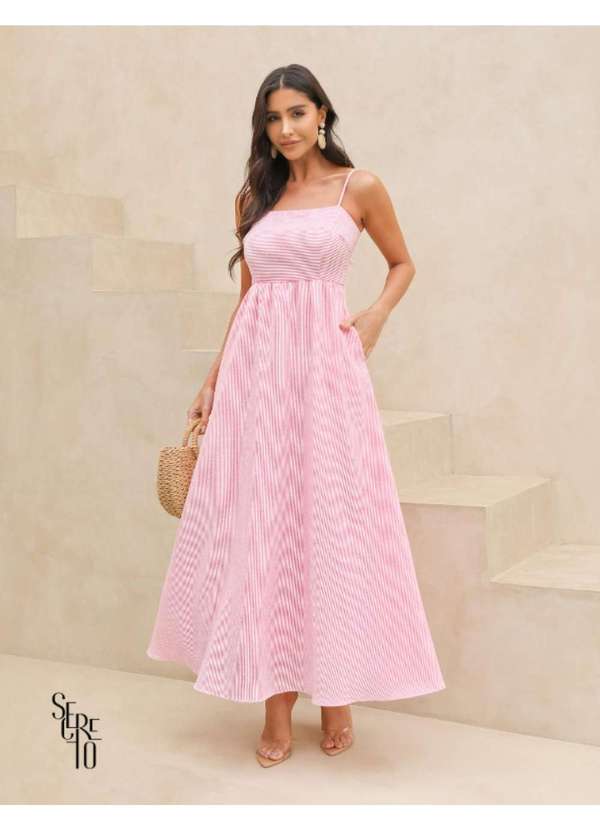 Dot Clothing - Vestido Dot Clothing Mirabel Longuete Listrado Rosa