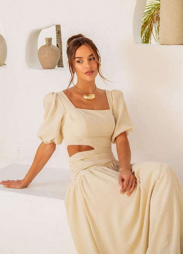 Dot Clothing - Vestido Dot Clothing Rebeca Manga Bufante Bege 2