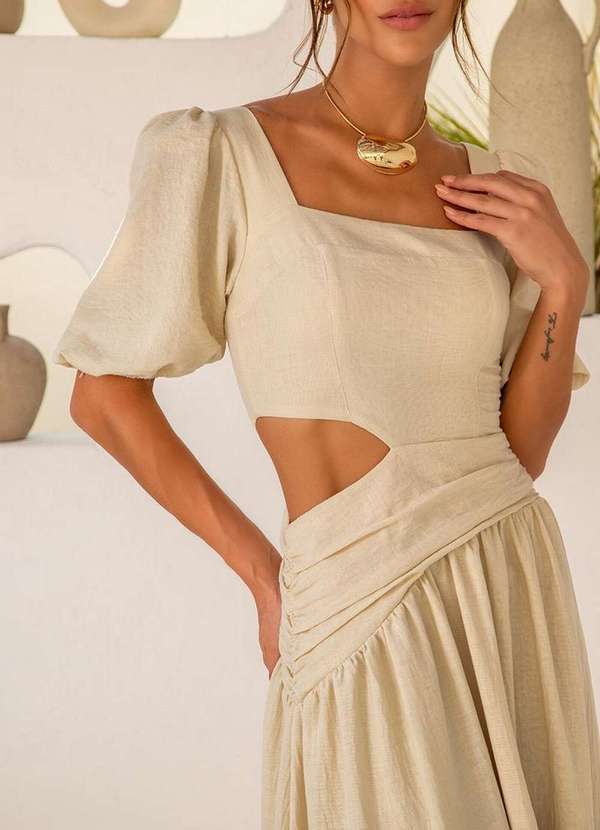 Dot Clothing - Vestido Dot Clothing Rebeca Manga Bufante Bege 5