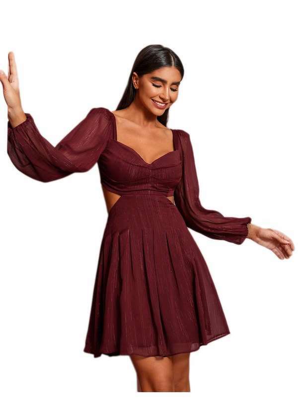 Dot Clothing - Vestido Dot Clothing Rodado Manga Longa Bordo Vermelho