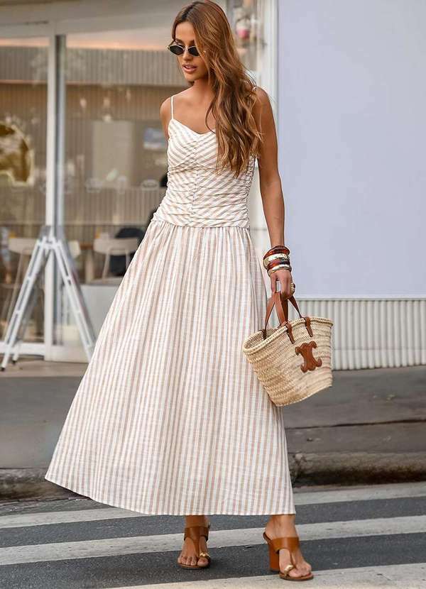 Dot Clothing - Vestido Dot Clothing Taylor Listrado Longuete Bege