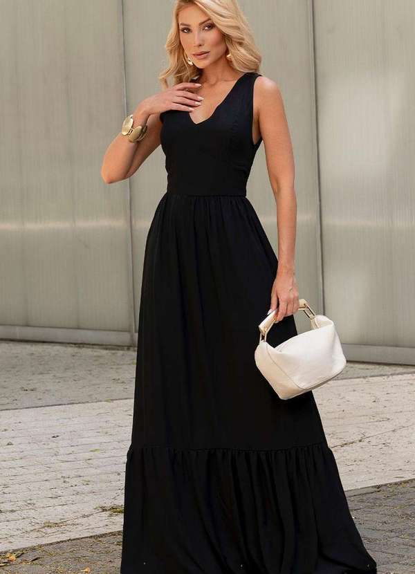 Miss Misses - Vestido Elizete Crepe Longo Decote V C/Ziper Preto