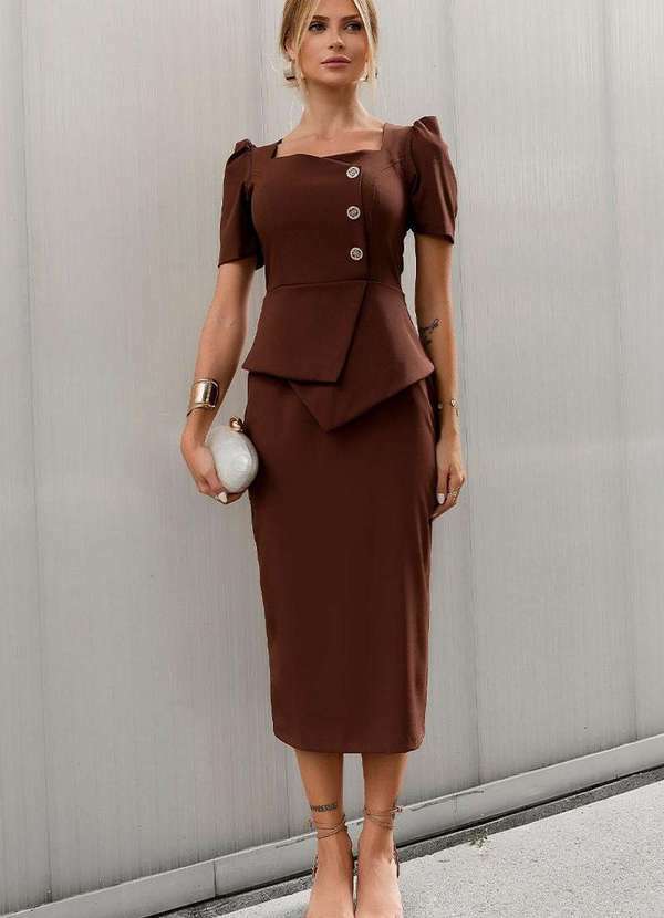Miss Misses - Vestido Esther Midi com Botoes Marrom