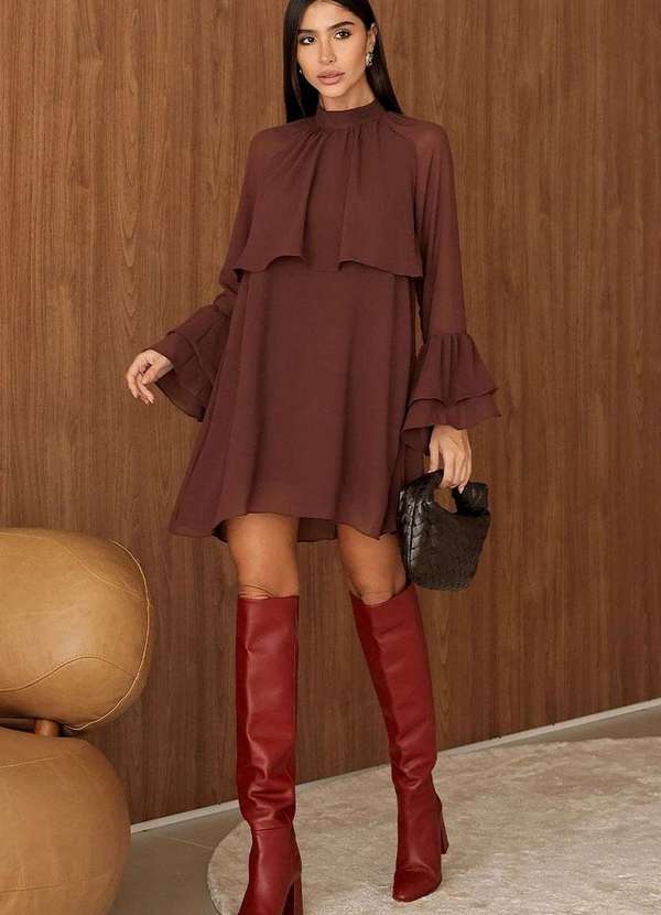 Miss Misses - Vestido Eva Gola Alta Manga Longa Marrom