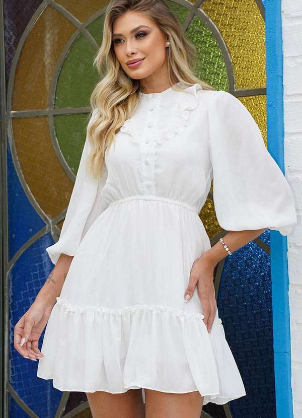 Miss Misses - Vestido Fatima Crepe c/ Babado e c/ Botao Branco