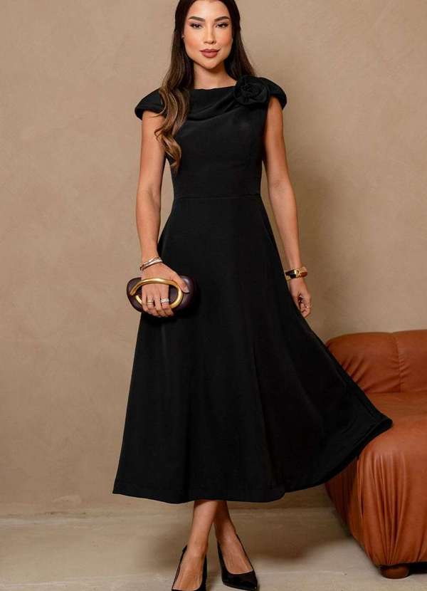 Miss Misses - Vestido Hilda C/Detalhe Flor na Gola Preto