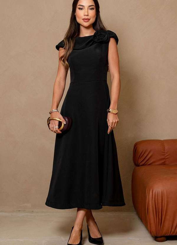 Miss Misses - Vestido Hilda C/Detalhe Flor na Gola Preto 3