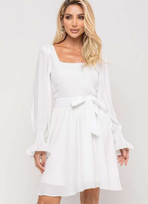 Miss Misses - Vestido Hortensia Curto Crepe Manga Longa C/Faixa Branco
