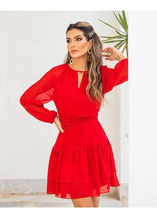 Innocence - Vestido Innocence Rodado Franzido Decote Aberto Vermelho Vermelho