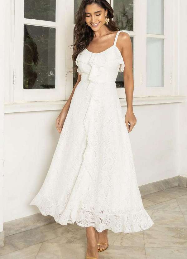 Miss Misses - Vestido Iris Rendado com Alcas Finas e Babados Branco