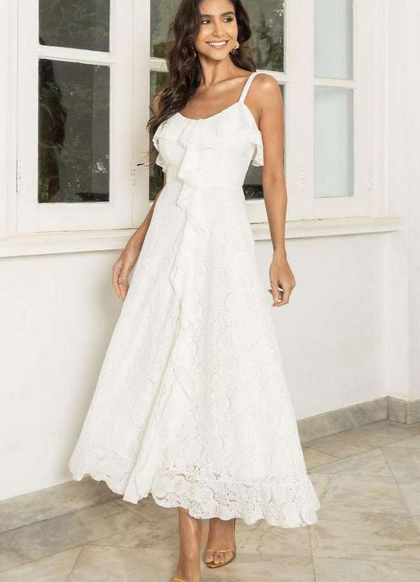 Miss Misses - Vestido Iris Rendado com Alcas Finas e Babados Branco 3