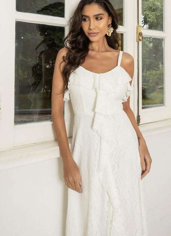 Miss Misses - Vestido Iris Rendado com Alcas Finas e Babados Branco 4