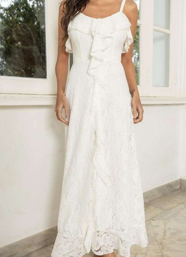 Miss Misses - Vestido Iris Rendado com Alcas Finas e Babados Branco 5