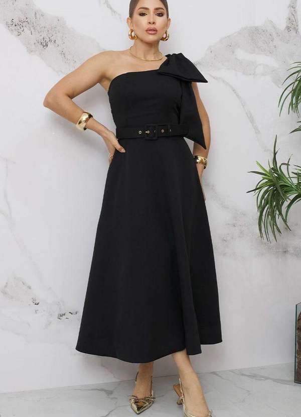 Miss Misses - Vestido Julia um Ombro So C/Laco e c/ Cinto Preto 3