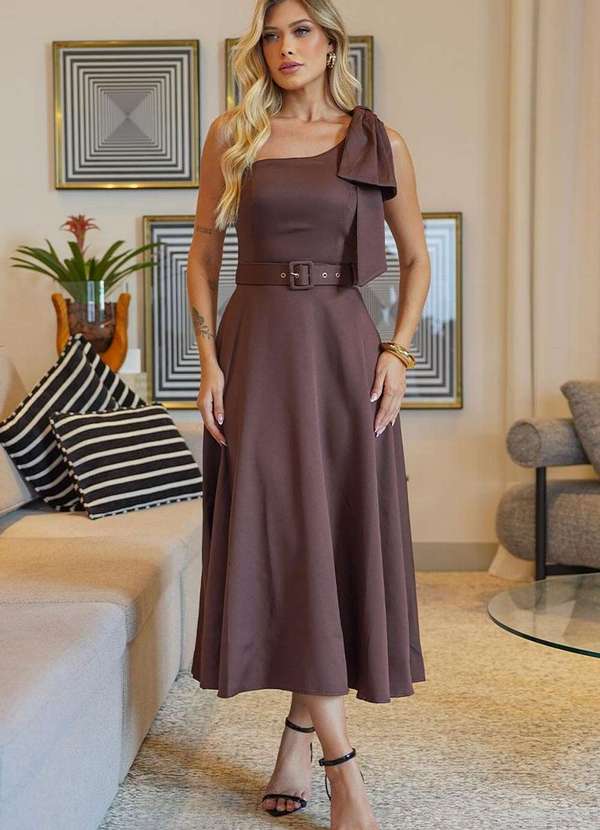 Miss Misses - Vestido Julia um Ombro So com Laco e c/ Cinto Marrom