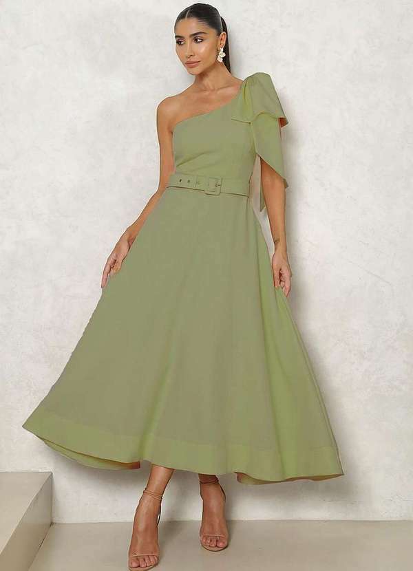 Miss Misses - Vestido Julia um Ombro So com Laco e com Cinto Verde