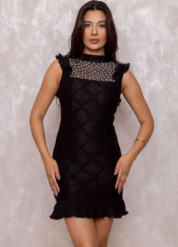 Karmani - Vestido Karmani de Renda Babado Plissado Preto
