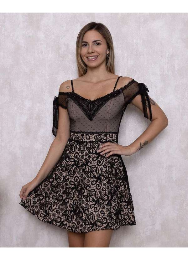 Kesses - Vestido Kesses Rodado com Tule Poa Preto