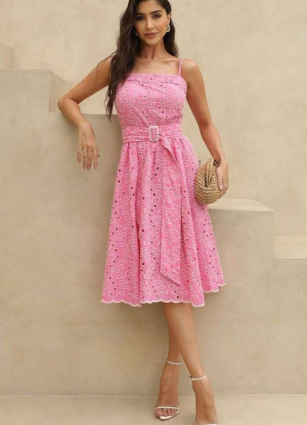 Miss Misses - Vestido Laise Bordado C/Faixa Rosa