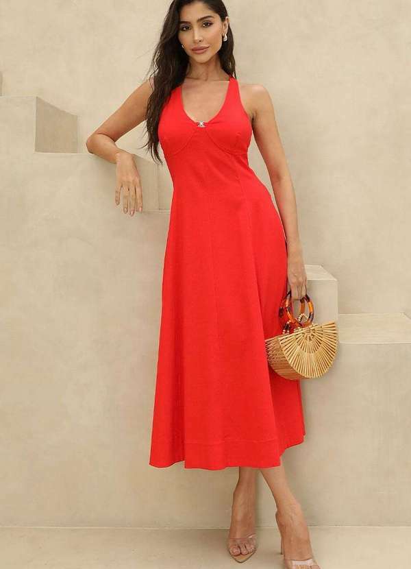 Miss Misses - Vestido Laura Longo Gode C/Detalhe Metal Vermelho